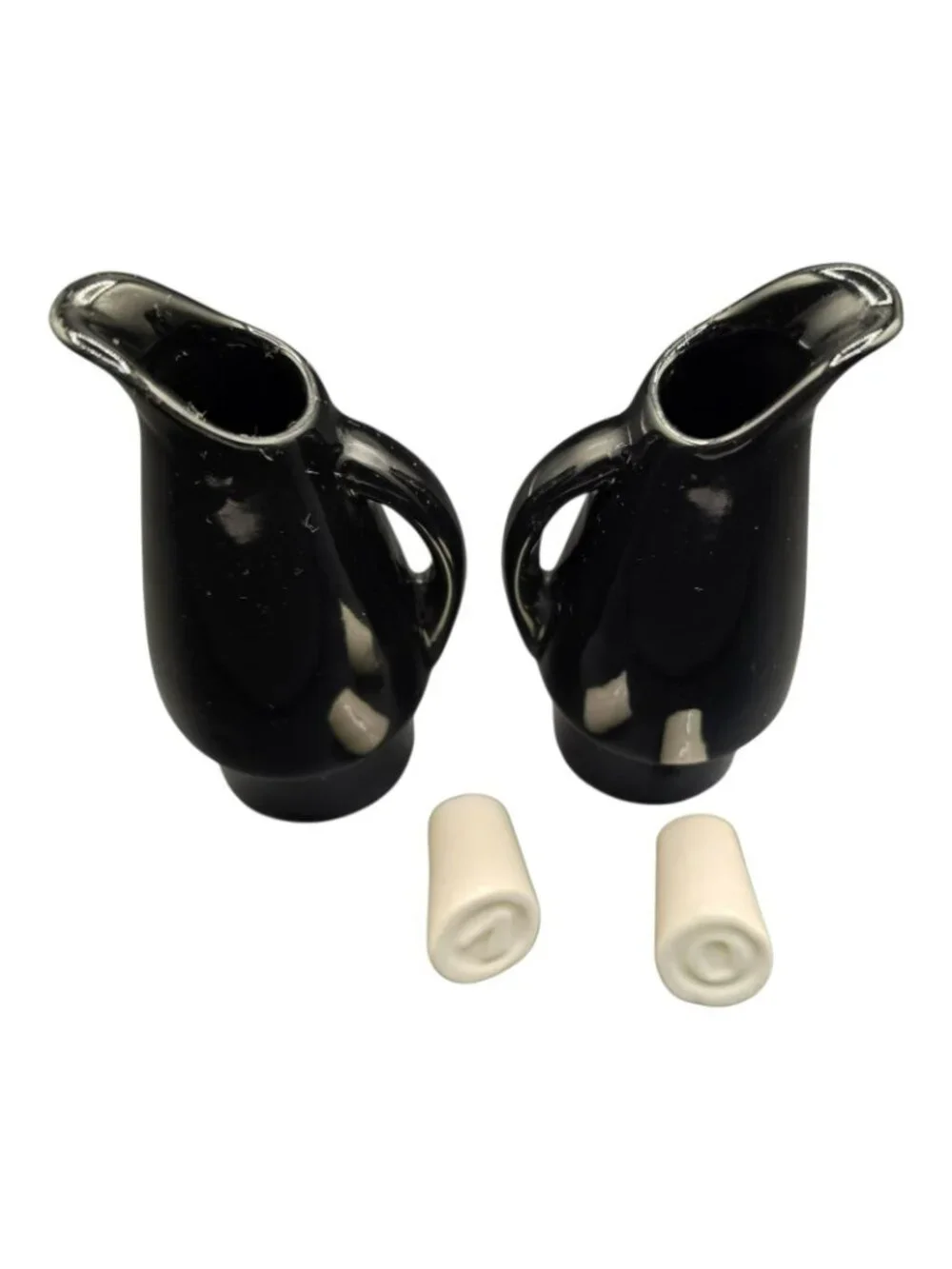 Vintage USA Shawnee Pottery #984 Oil And Vinegar Cruet Set Black White 5